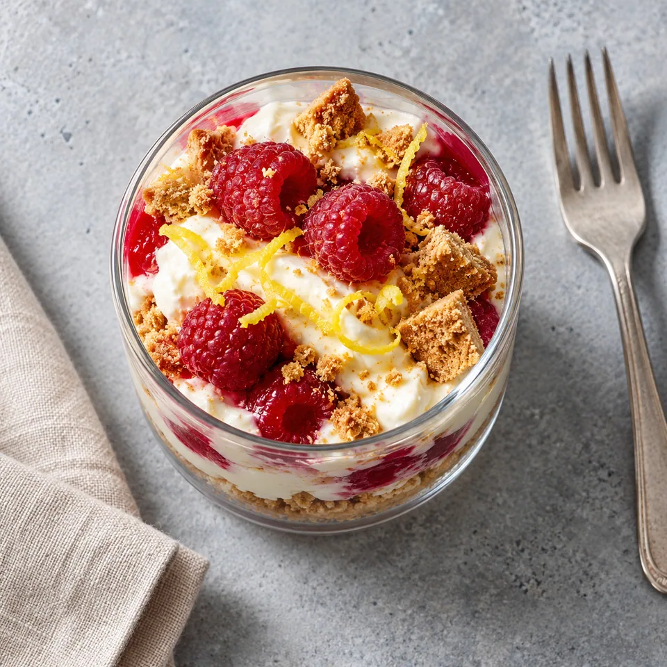 Cheesecake express en verrine, skyr et biscuit : couches de crème blanche, framboises rouges et éclats de biscuit doré dans une verrine en verre.