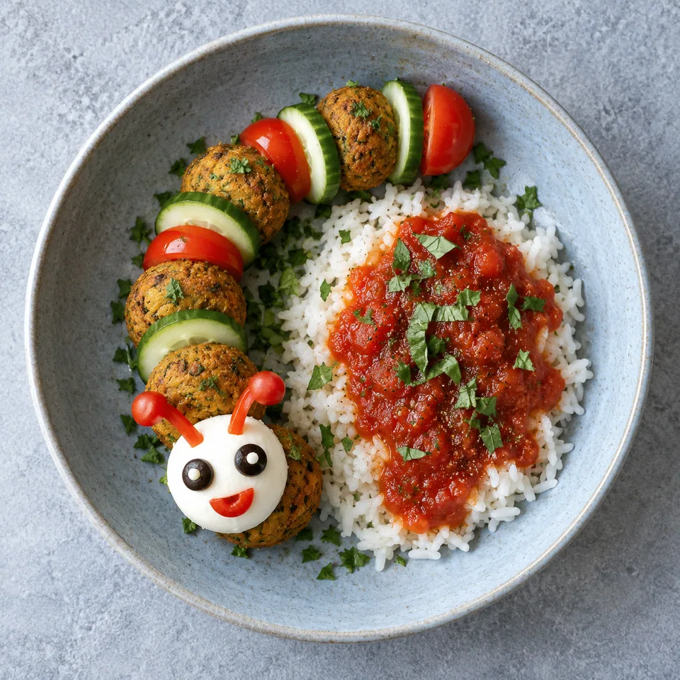Chenille de boulettes de lentilles, tomates et riz sur assiette bleue, accompagnée de riz sauce tomate.