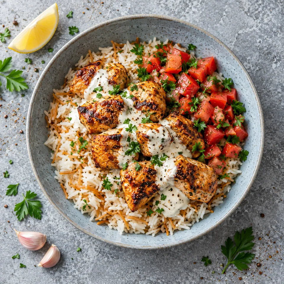 Assiette de chich taouk avec riz libanais, sauce à l'ail et tomates fraîches