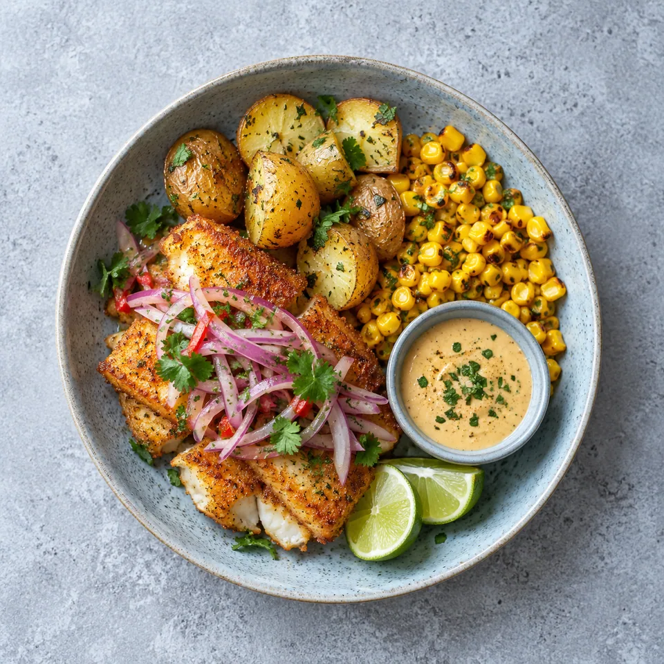 Chicharrón de pescado à l’air fryer : poisson pané doré, pommes de terre et maïs, salsa criolla et sauce soja sur assiette bleue.