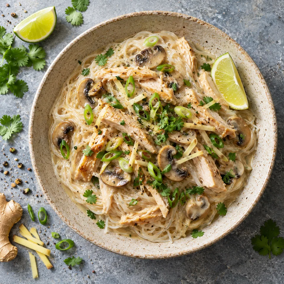 Chicken long rice au poulet et gingembre : vermicelles de riz dans une sauce crémeuse au lait de coco, avec poulet effiloché, champignons et ciboule.