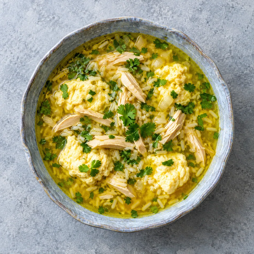 Bol de Chikhirtma : bouillon doré au riz, poulet effiloché, œuf cuit en meringue et coriandre fraîche.
