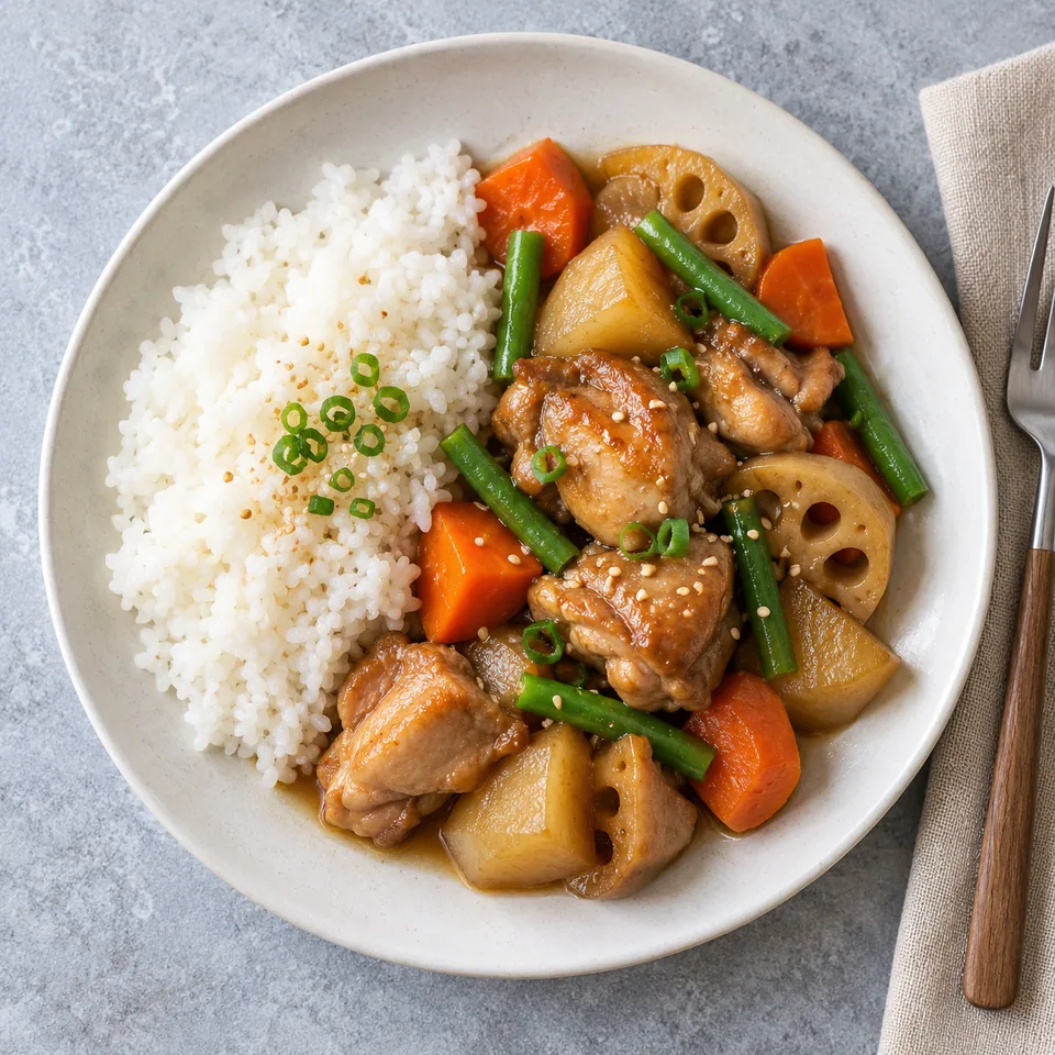 Chikuzenni : portion de riz blanc accompagnée de poulet mijoté aux légumes racines (carottes, navets, haricots verts) sur une assiette blanche.
