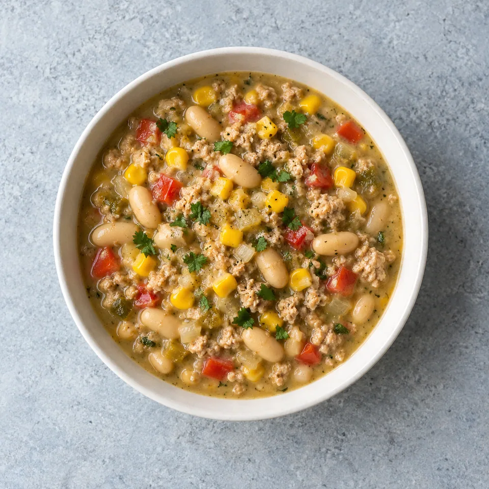 Chili blanc de dinde aux haricots : dinde hachée, haricots blancs, maïs et dés de poivron rouge dans un bol.
