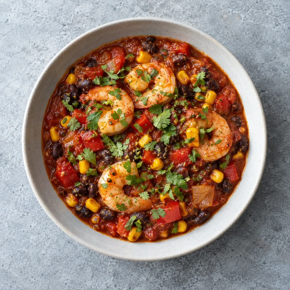 Chili de crevettes aux haricots noirs, sauce tomate rouge avec crevettes roses, maïs, haricots noirs, poivron et coriandre.