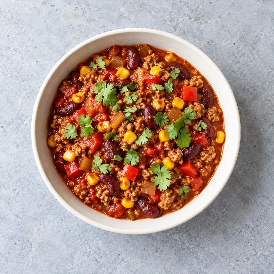 Chili de dinde : bol de sauce tomate rouge avec viande émiettée, haricots rouges, maïs, poivron et coriandre.