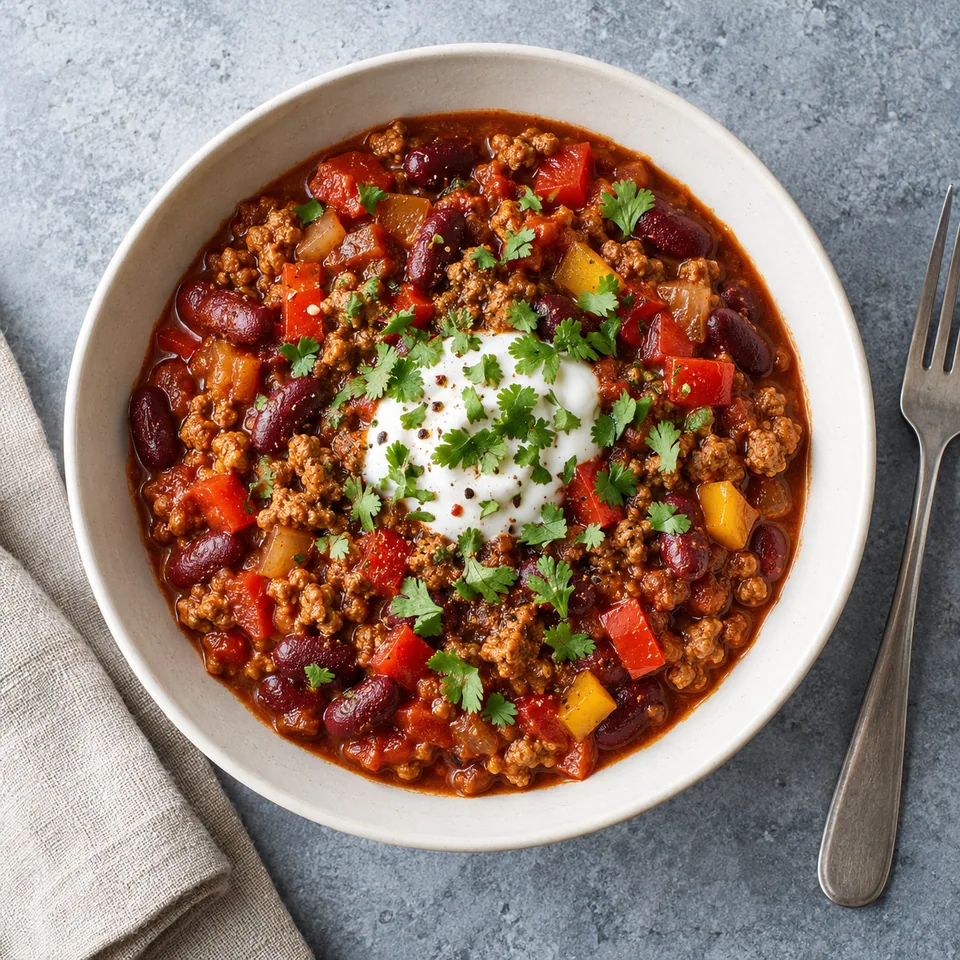 Bol de chili de dinde aux haricots rouges et poivrons, garni de yaourt et coriandre fraîche.