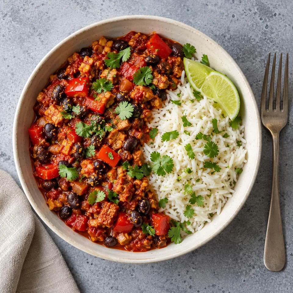 Bol de chili tempeh haricots noirs avec riz, coriandre et citron vert