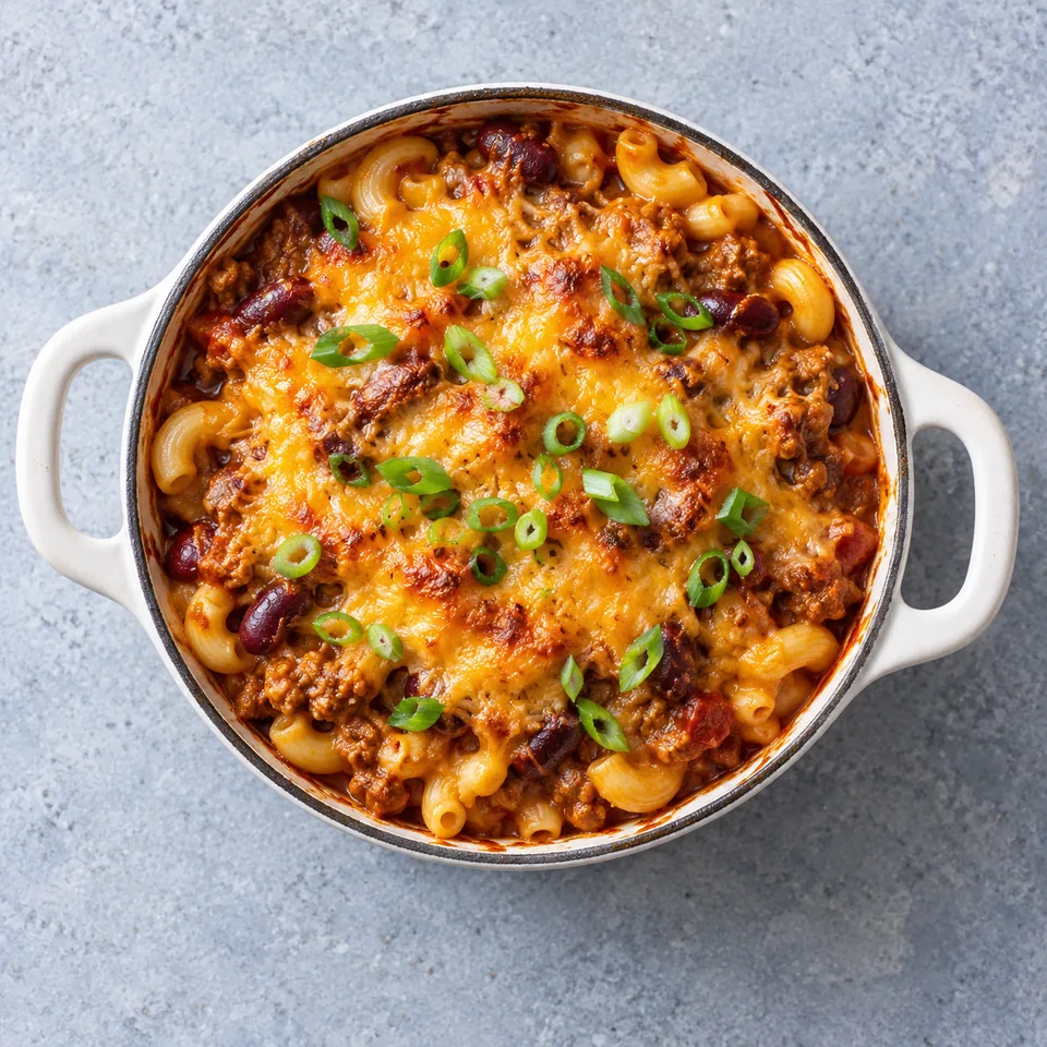 Chili mac, macaronis gratinés au chili de dinde : portion généreuse dans une cocotte blanche, cheddar doré et oignons verts.