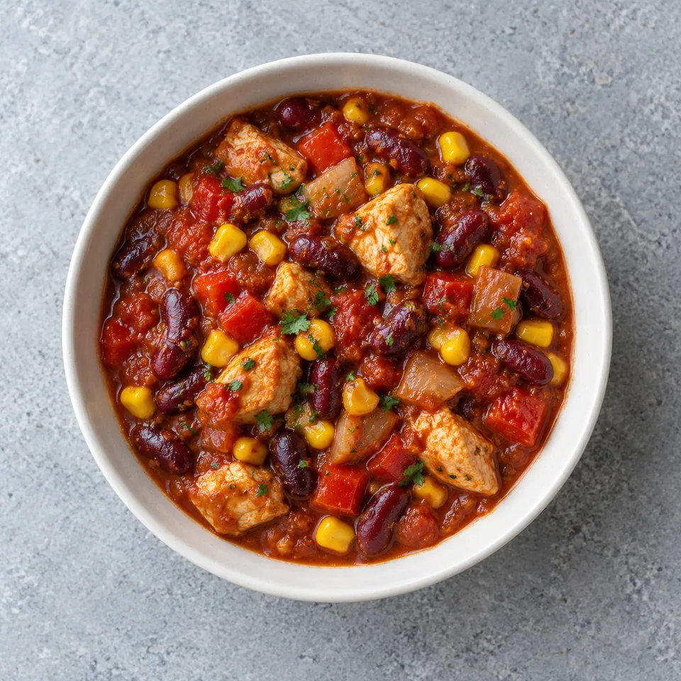 Chili rapide de poulet aux haricots rouges en bol, avec sauce tomate, poulet, haricots, poivron, oignon et maïs.