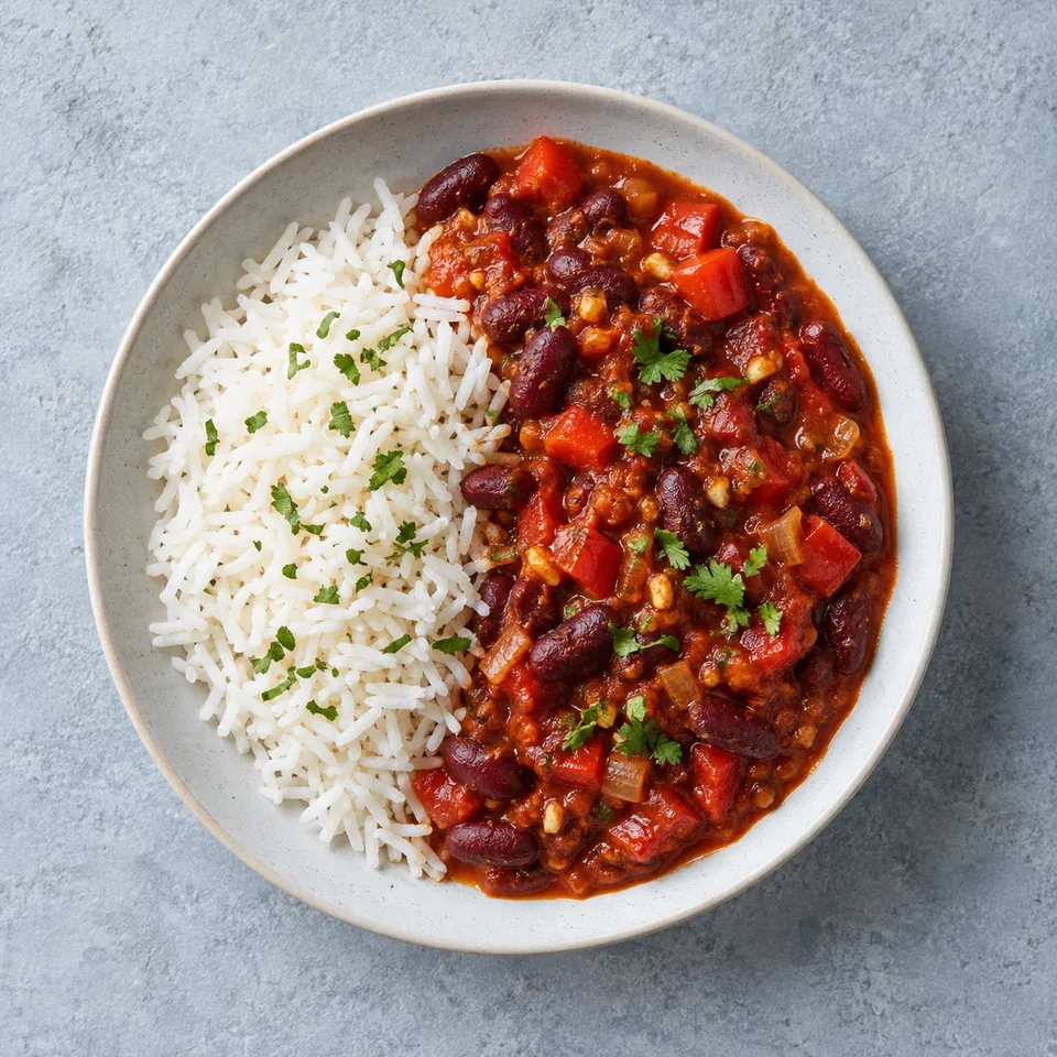 Chili végétal aux haricots rouges : riz blanc égrené accompagné d’une sauce rouge épaisse aux haricots et poivron.