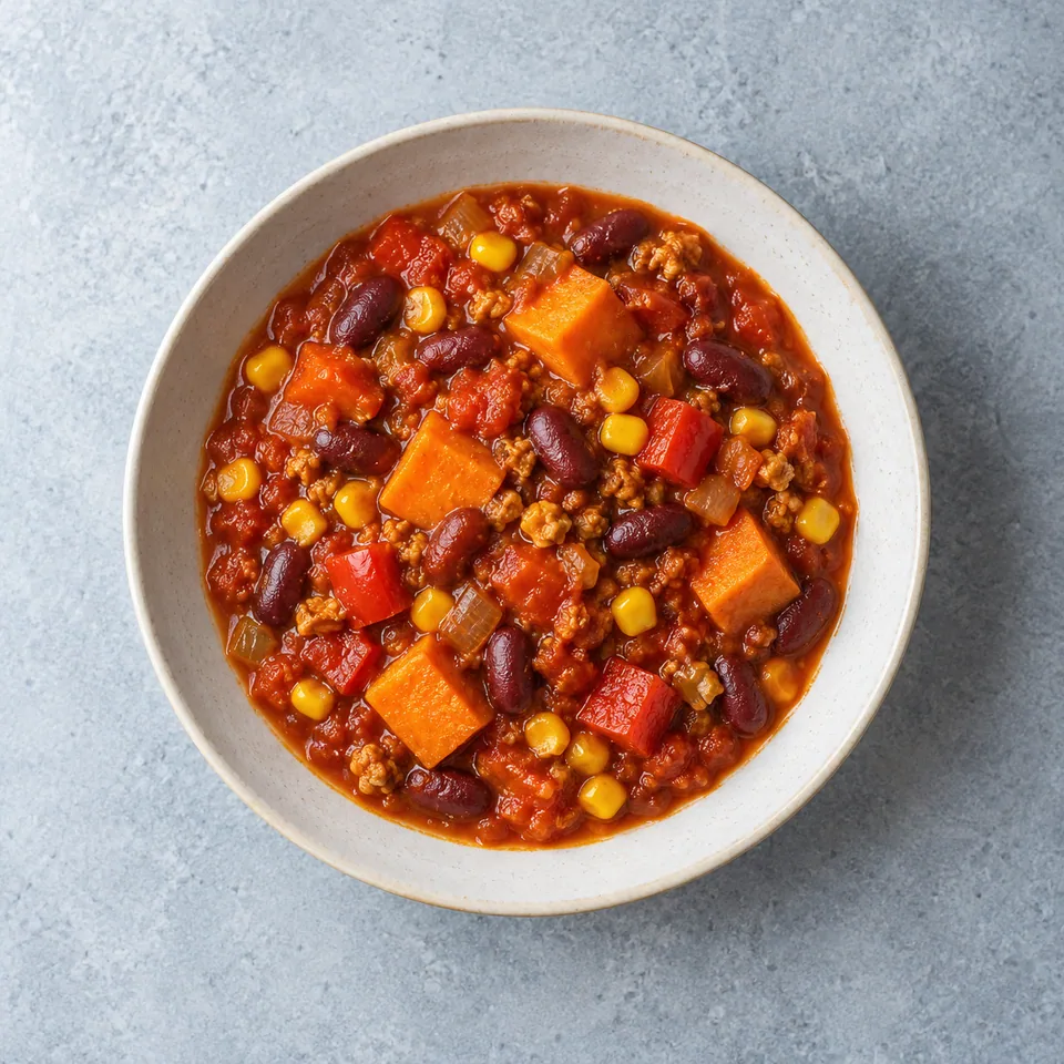 Chili végétal aux patates douces : une portion en assiette creuse, haricots rouges, soja, légumes orange et rouges, maïs jaune.