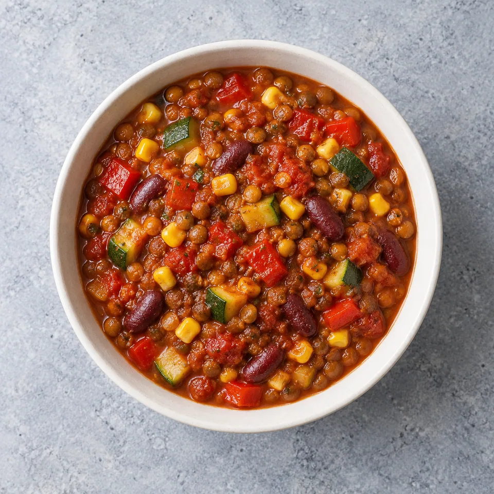 Chili végétarien aux lentilles servi en bol, avec haricots rouges, dés de poivron et courgette, maïs et sauce tomate épaisse.