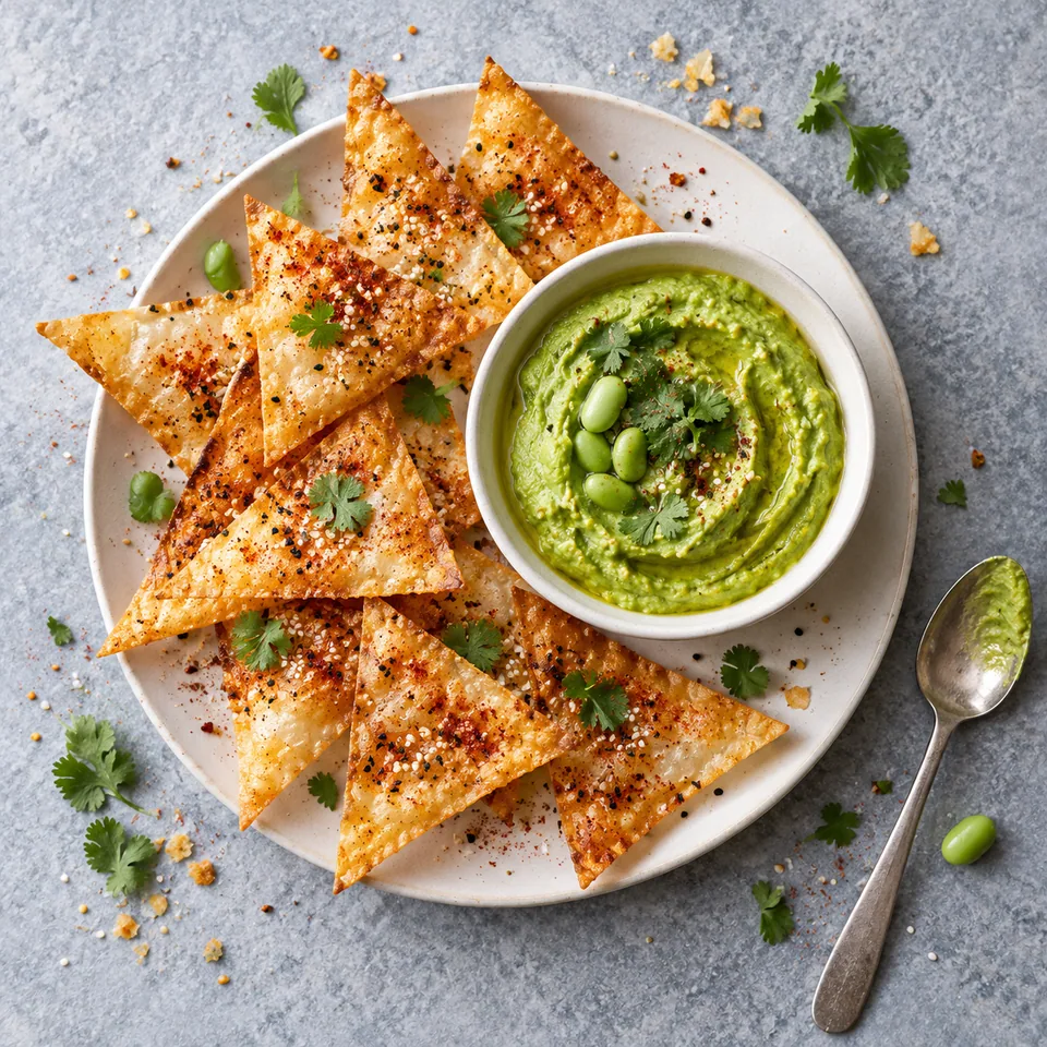 Chips de riz triangulaires dorées et croustillantes servies avec un dip vert vif à l'edamame dans un bol blanc.