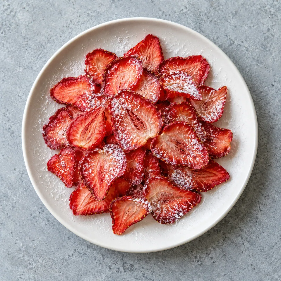 Chips de fraises au sucre glace : tranches fines rouges déshydratées et saupoudrées de sucre blanc sur une assiette.