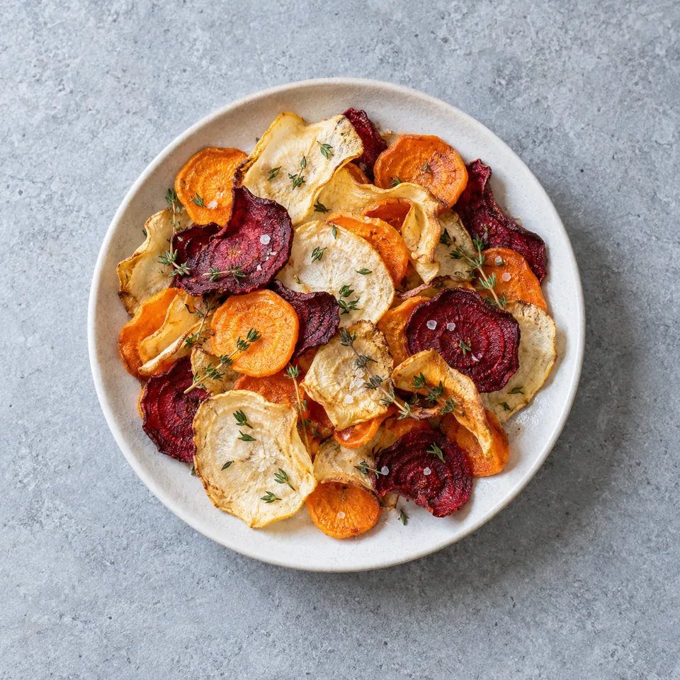 Chips de légumes croquants : tranches fines de carotte orange, navet blanc et betterave rouge, dorées et croustillantes, assaisonnées de sel et thym.