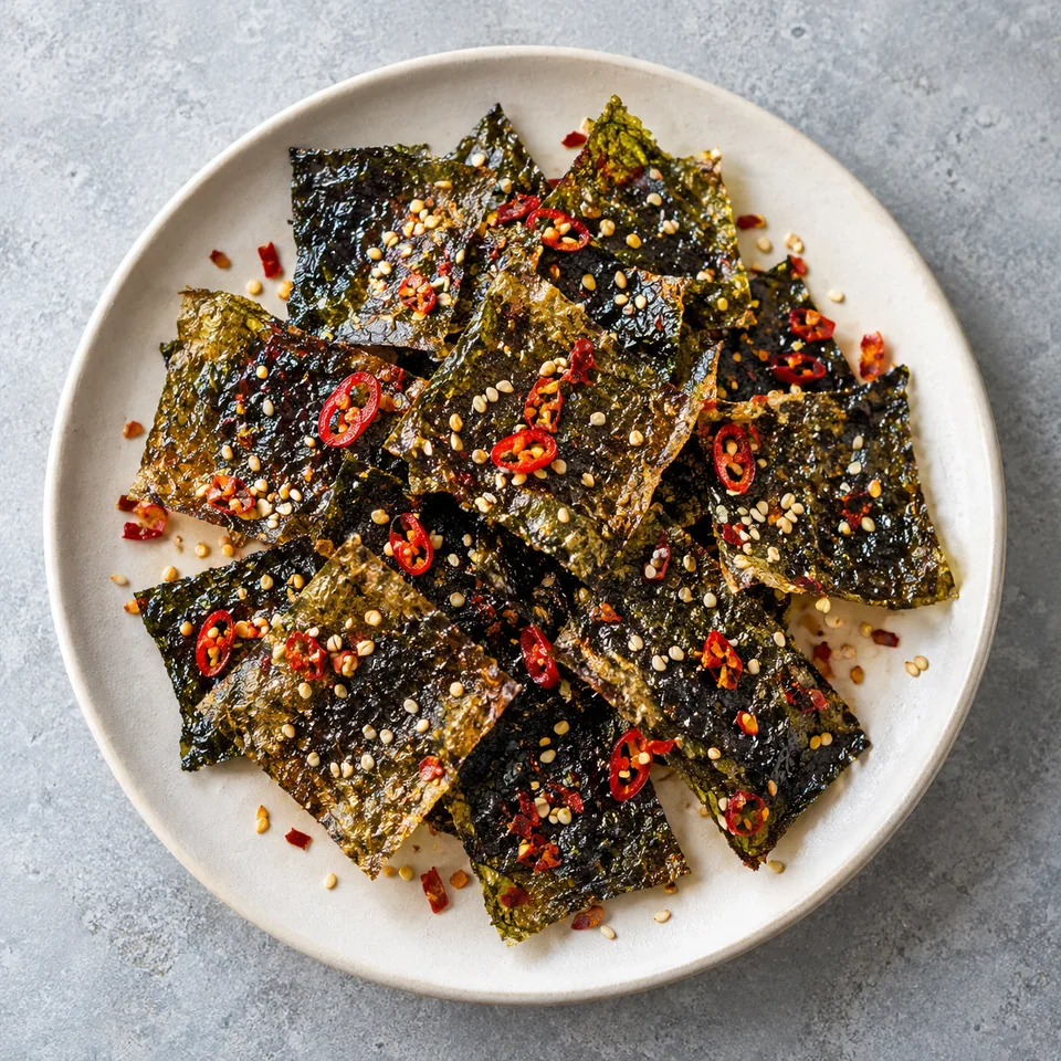 Chips de nori au sésame et piment doux : carrés croustillants, dorés et parsemés de graines et de piment sur une assiette blanche.