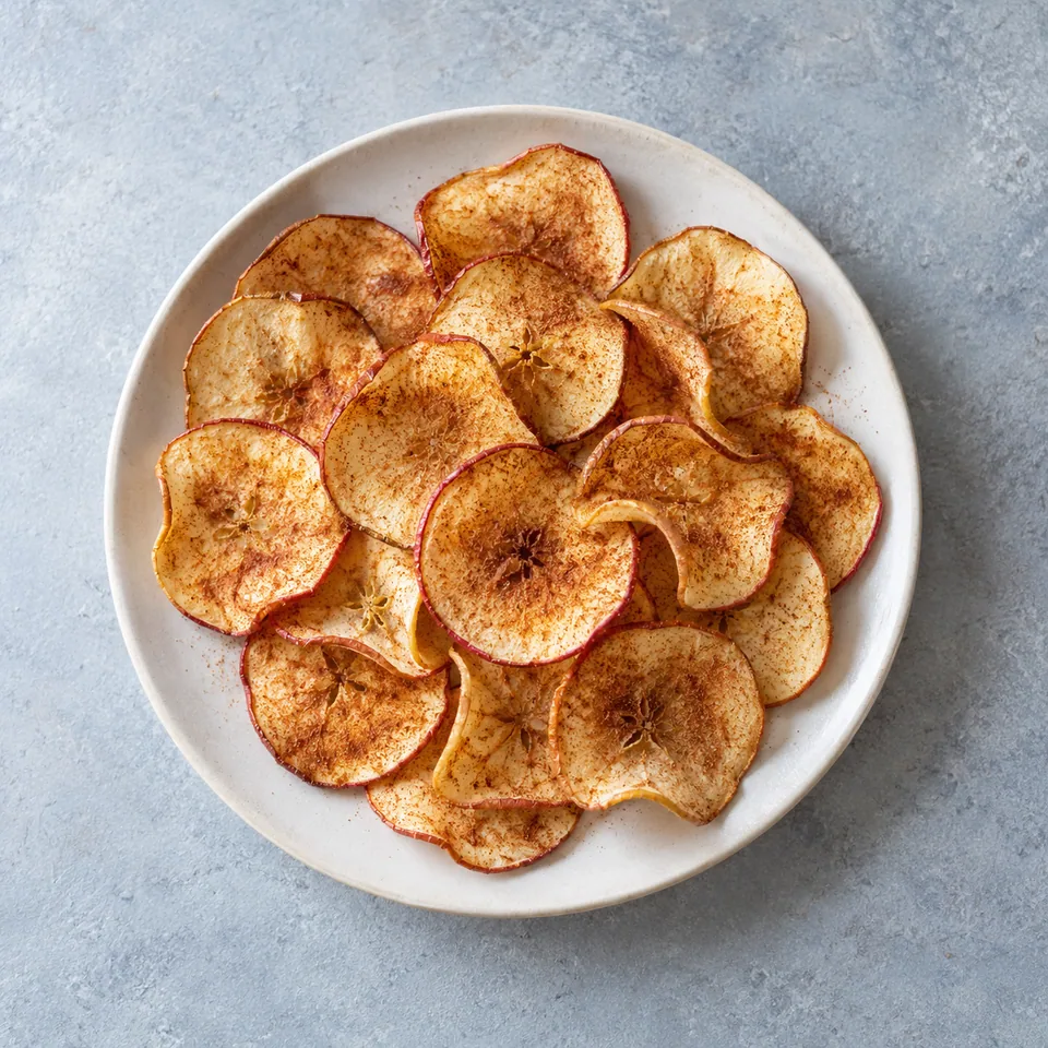 Chips de pommes croustillantes dorées et saupoudrées de cannelle sur une assiette blanche.