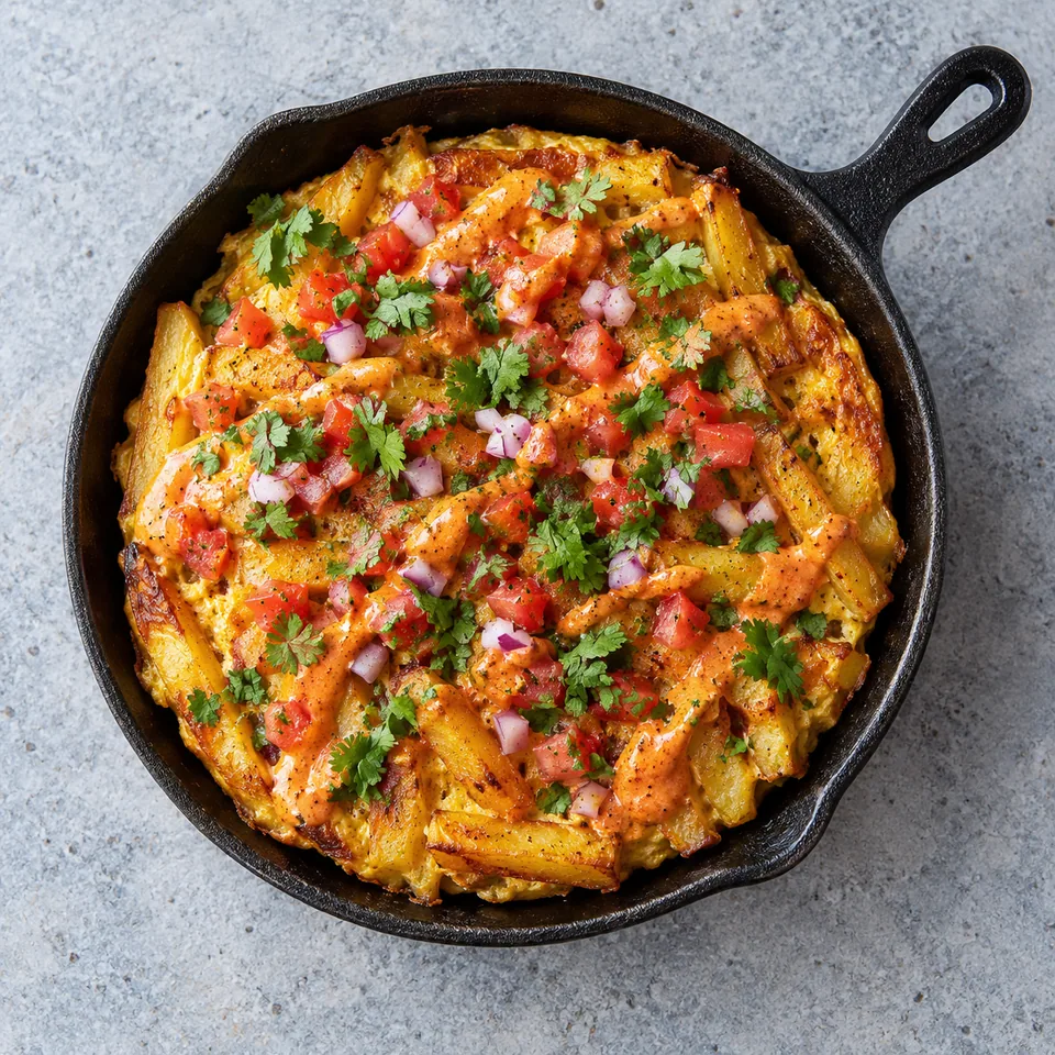 Chipsi mayai dans un poêlon : omelette dorée aux frites, sauce rouge crémeuse, tomates et coriandre fraîches.