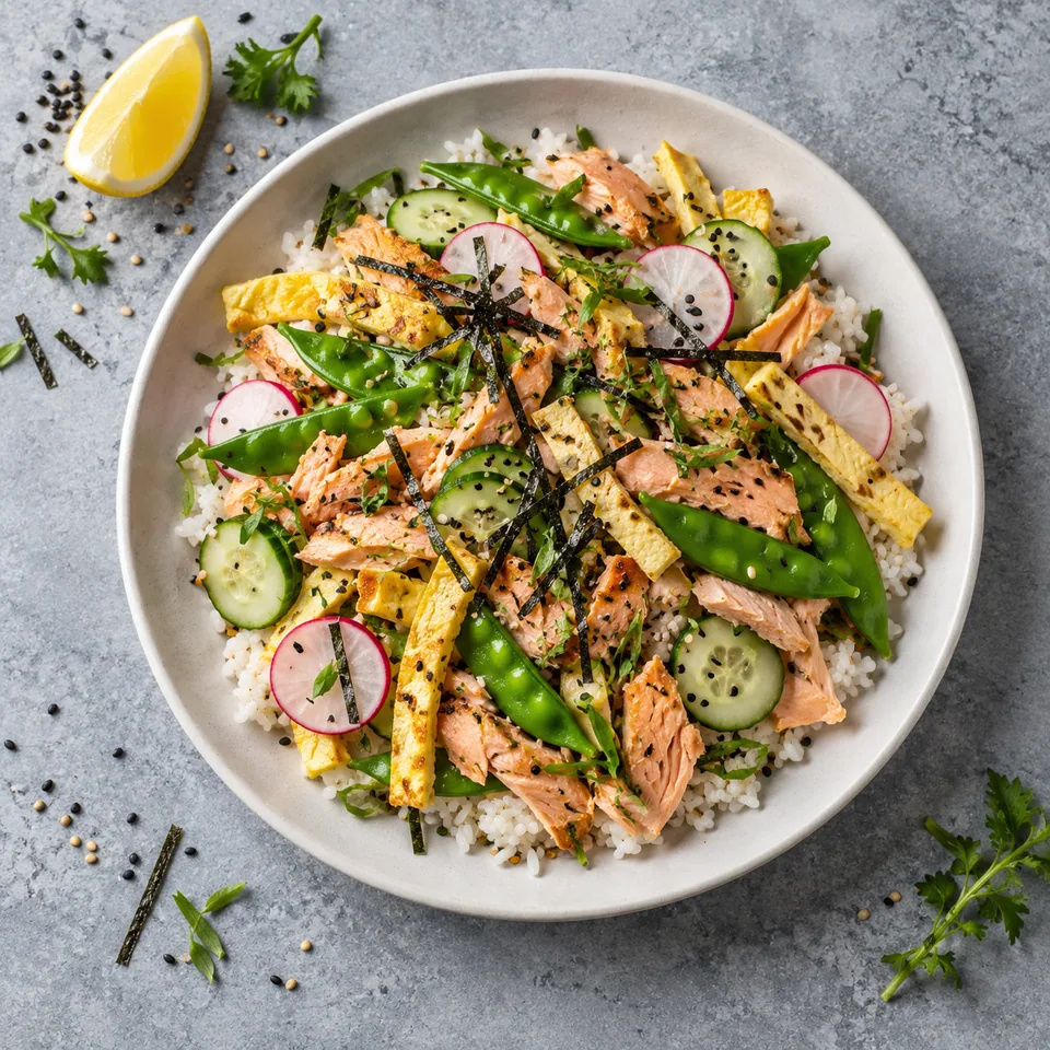 Chirashi de hanami au saumon cuit : riz, saumon rose, pois gourmands verts, omelette jaune et radis roses sur assiette blanche.