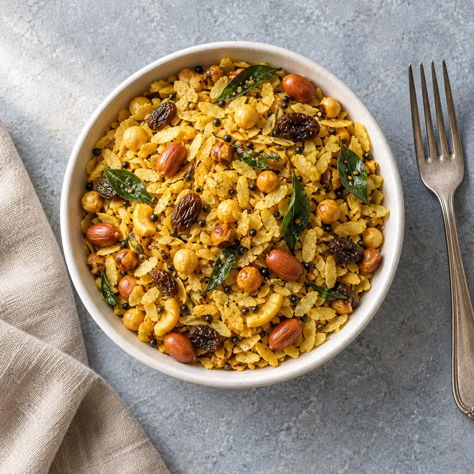 Chivda croustillant aux épices dans un petit bol blanc cassé, mélange de riz doré, pois chiches, cacahuètes et raisins secs.