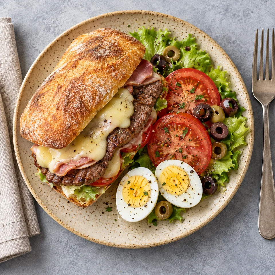 Chivito uruguayen : sandwich ciabatta garni de steak, emmental fondu, œuf dur, tomate et olives sur assiette beige.