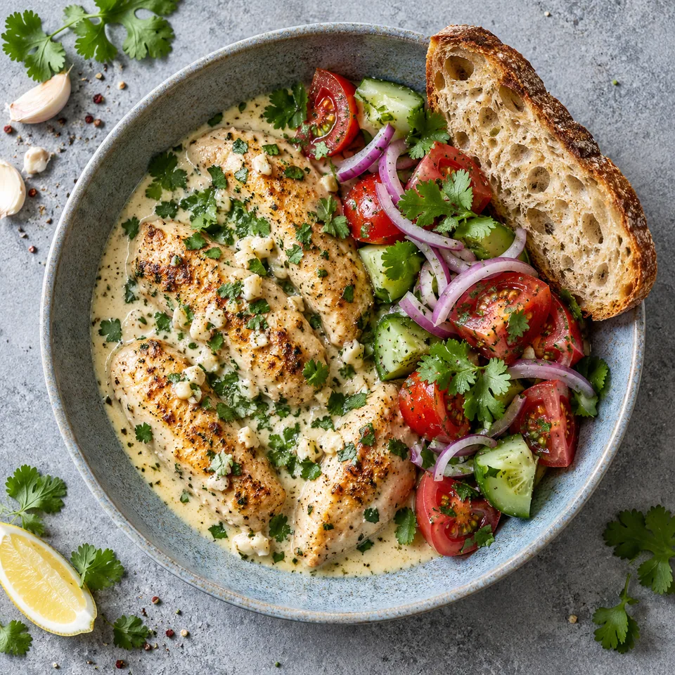 Chkmeruli : poulet à l'ail et au lait sur assiette bleue, sauce blanche, salade colorée et pain.