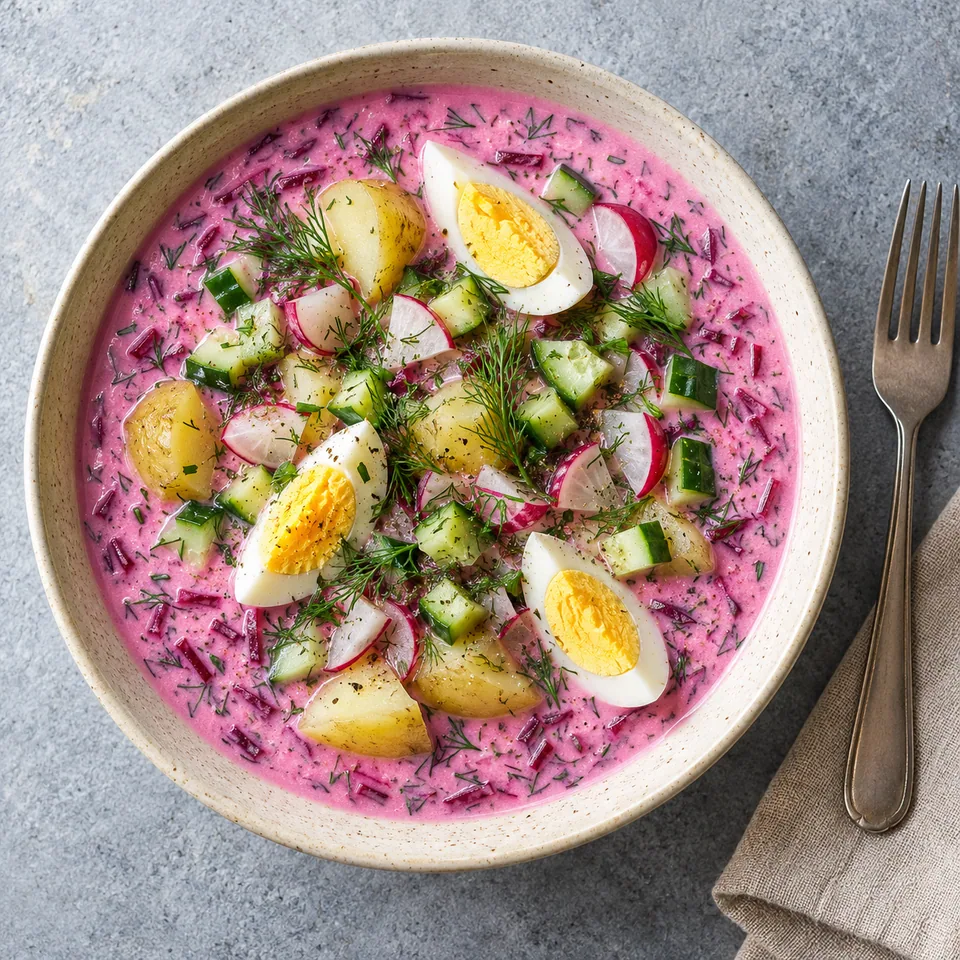 Bol de Chłodnik rose avec dés de légumes verts, œuf dur et pommes de terre.
