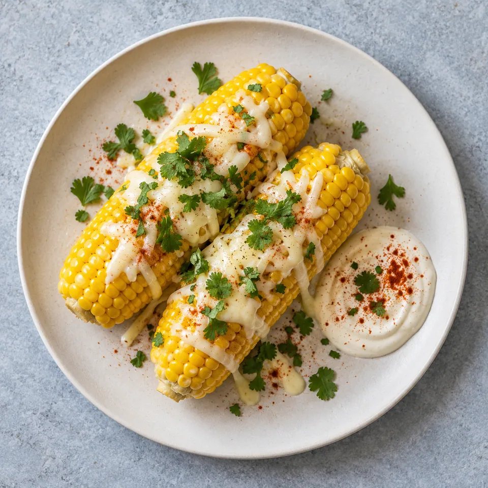 Choclo con queso : épis de maïs jaunes avec mozzarella, coriandre et sauce blanche sur assiette blanche.