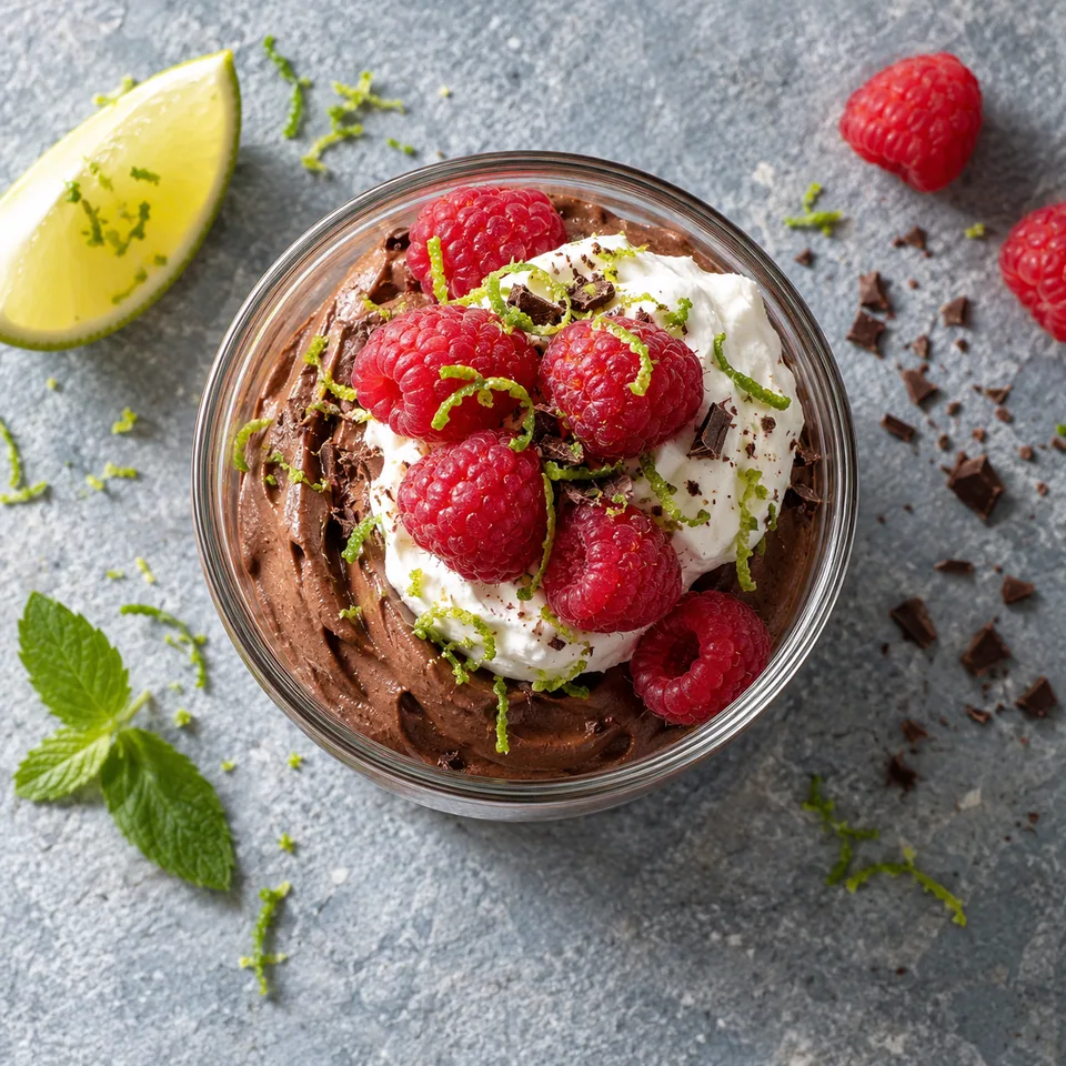 Mousse au chocolat aux framboises dans une verrine, avec zeste d'orange.