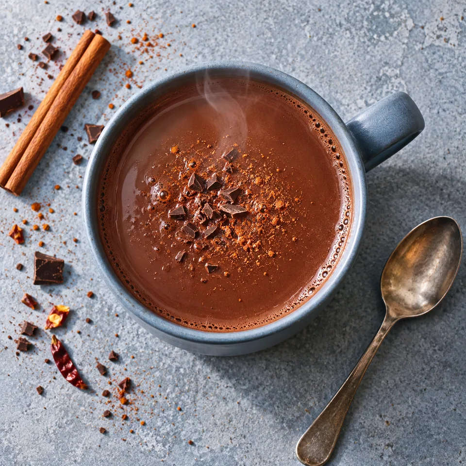 Chocolat chaud épicé à la mexicaine dans un mug bleu-gris, boisson brun foncé et fumante.