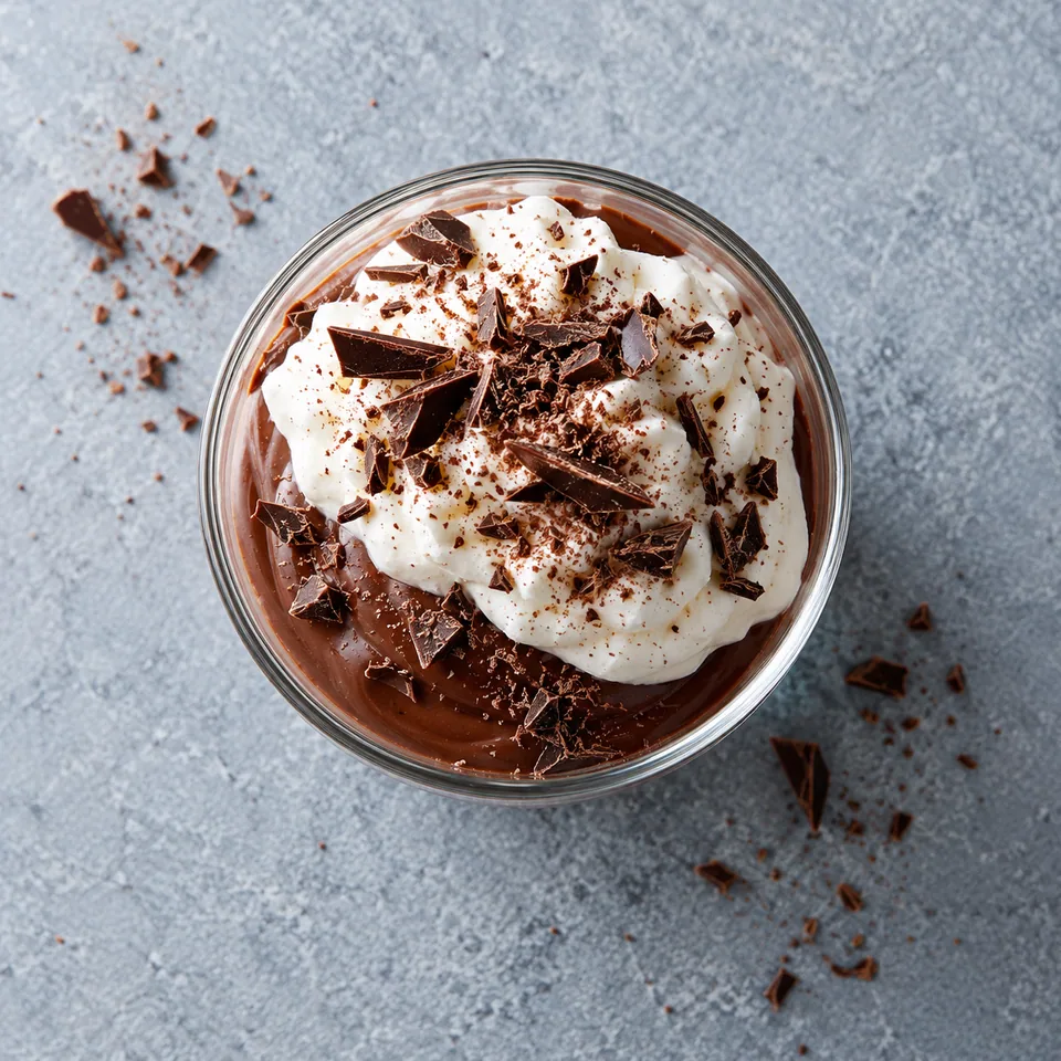 Verrine de chocolat liégeois au skyr : crème chocolatée lisse, coussin de skyr blanc et copeaux de chocolat noir.