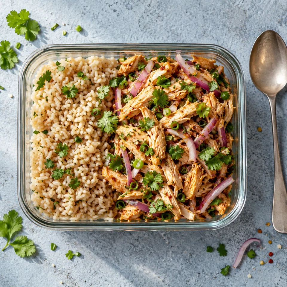 Portion de choila de poulet effiloché, riz complet et herbes fraîches dans une boîte en verre.