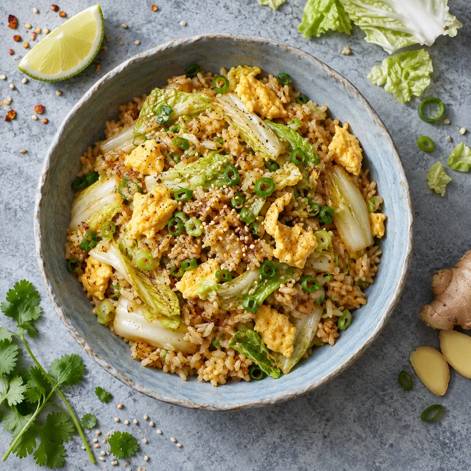 Bol de riz sauté au chou chinois et œufs brouillés, servi dans un récipient en grès bleu-gris.