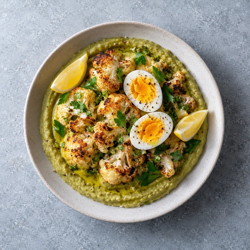 Chou-fleur rôti, œuf dur en deux moitiés et crème lisse de pois cassés dans une assiette.