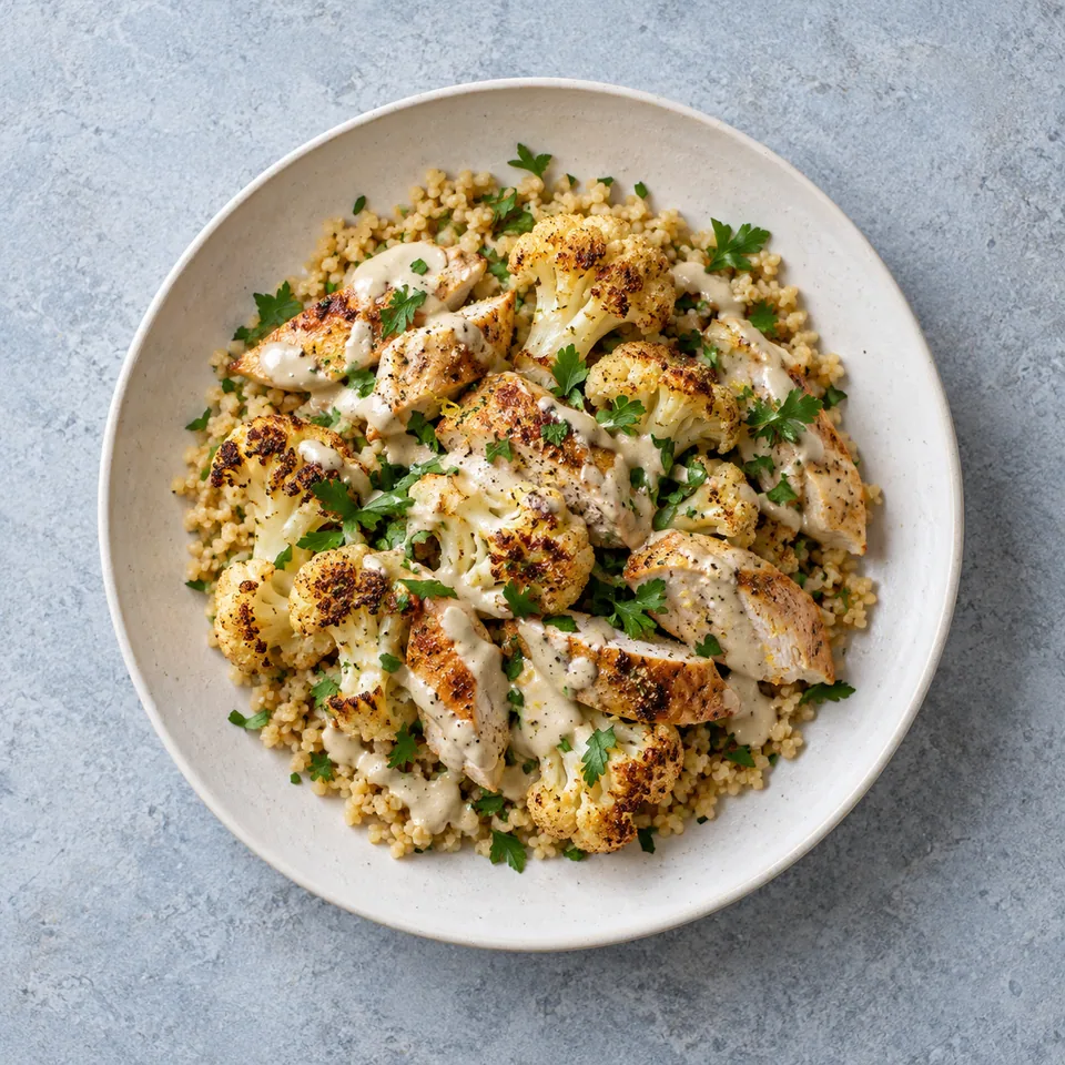 Chou-fleur rôti, poulet et tahini : boulgour, morceaux de poulet, fleurettes dorées, sauce claire et persil.