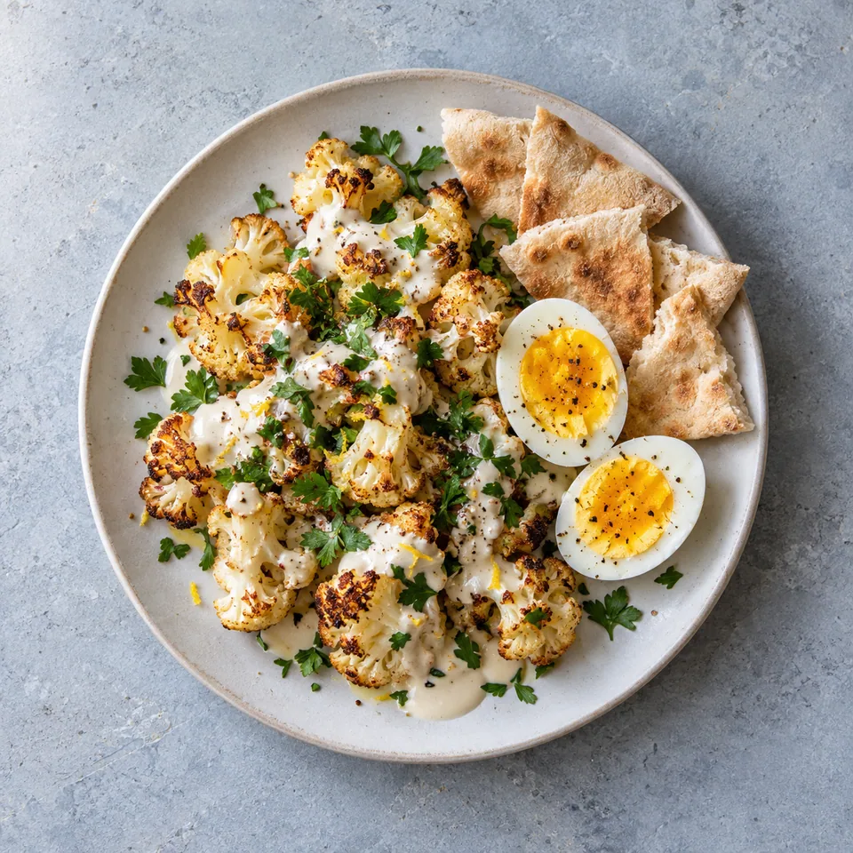 Chou-fleur rôti en fleurettes avec sauce blanche, œuf dur en deux, persil haché et morceaux de pain pita.