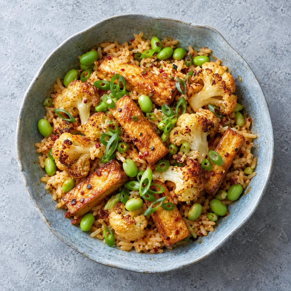 Bol de riz pimenté aux fèves, tofu doré et chou-fleur sauté, garni de ciboule.