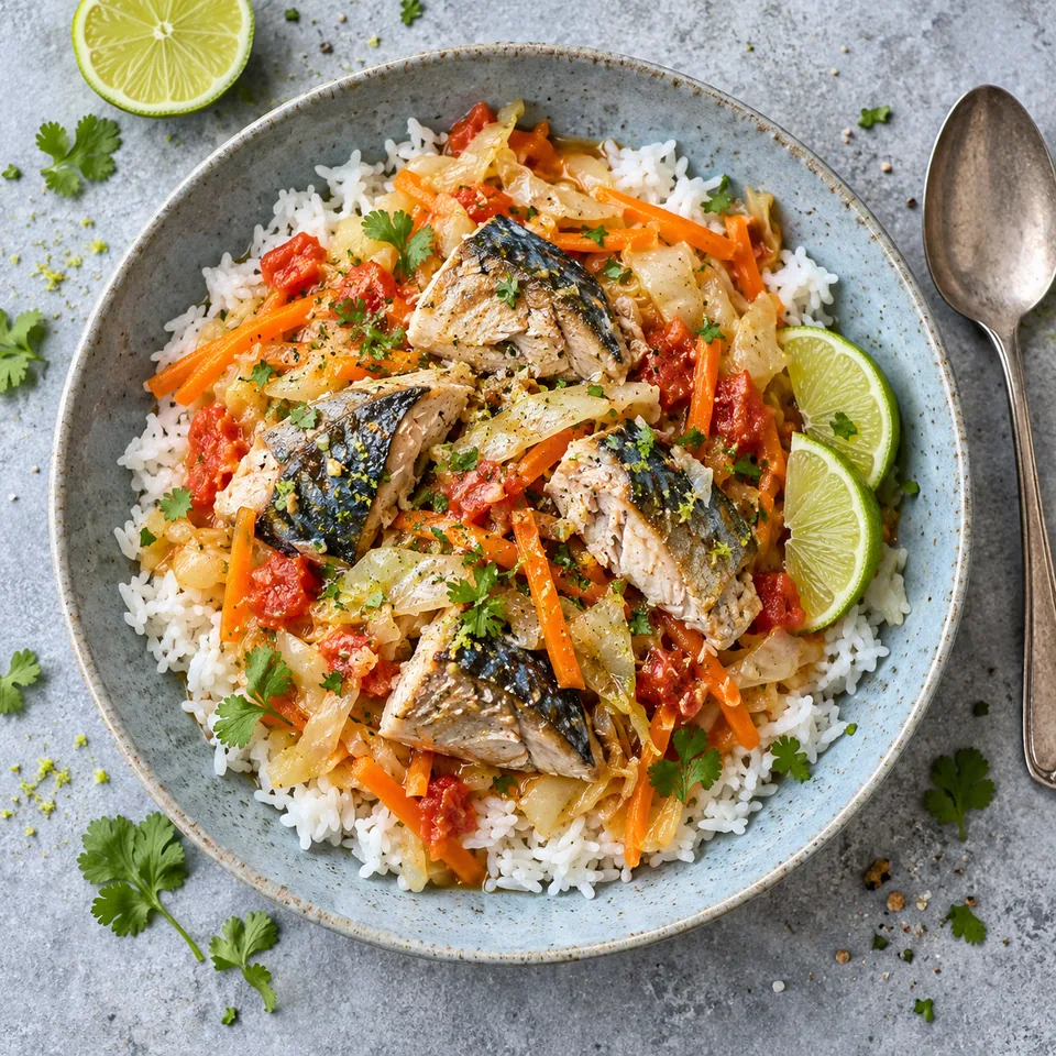 Assiette de chou jamaïcain au maquereau et riz, légumes mijotés et poisson cuit, assaisonné de citron vert.