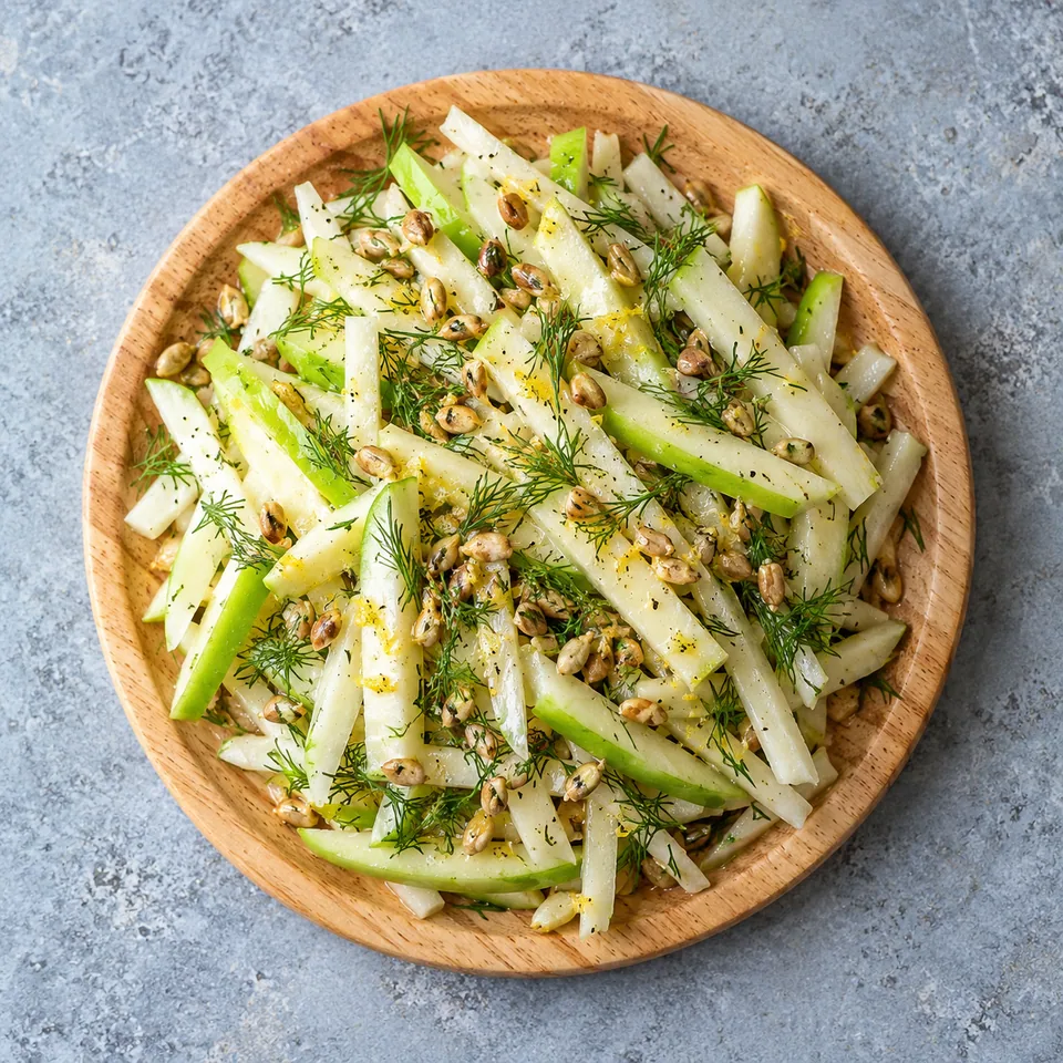 Chou-rave et pomme en bâtonnets, citron et aneth : bâtonnets blancs et verts sur bois, graines dorées et aneth frais.