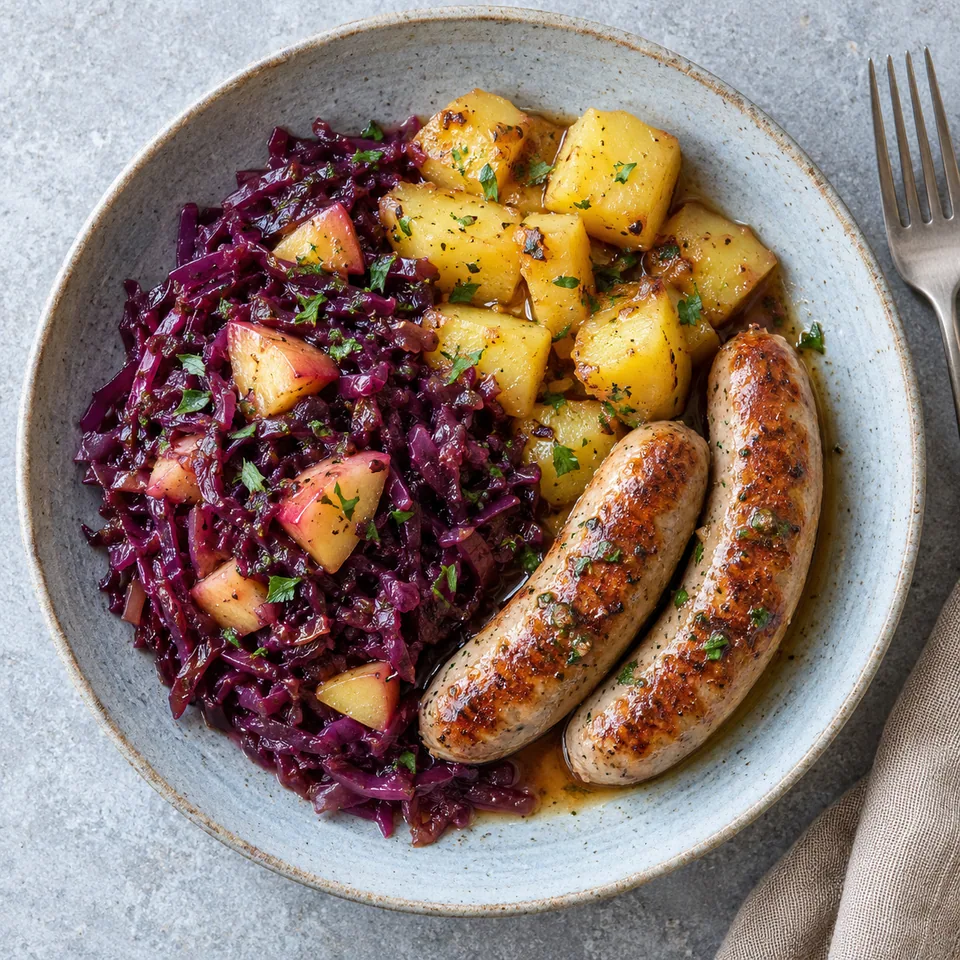 Assiette de chou rouge braisé violet avec dés de pommes, pommes de terre et saucisses de volaille dorées.