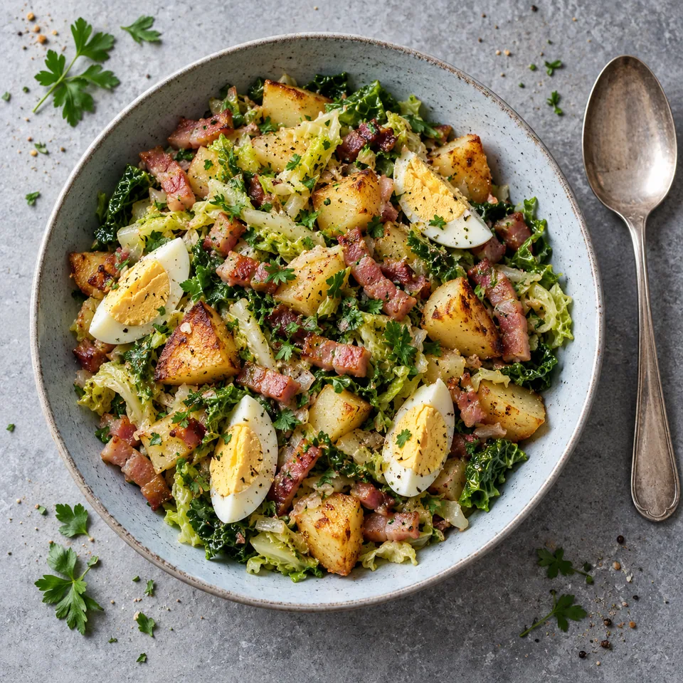 Assiette de chou vert poêlé aux lardons, pommes de terre dorées et œufs durs, parsemé de persil.