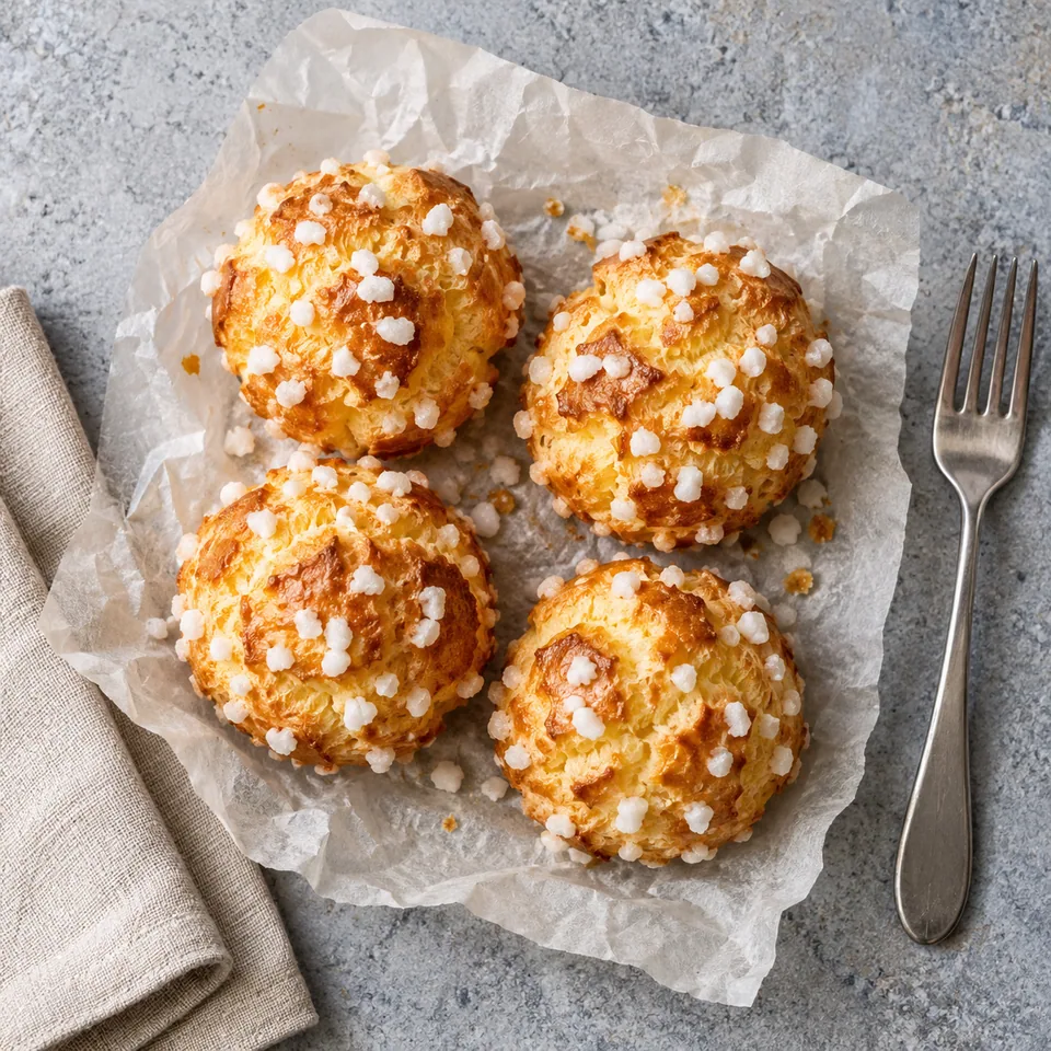 Chouquettes au sucre perlé : quatre biscuits dorés et croustillants sur papier cuisson froissé, parsemés de sucre perlé brillant.