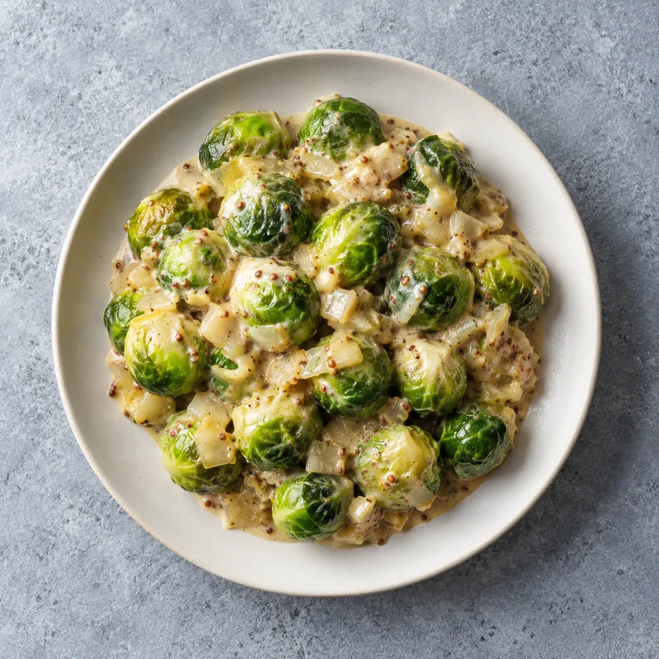 Choux de Bruxelles à la double moutarde : légumes verts nappés d'une sauce beige crémeuse aux grains de moutarde.