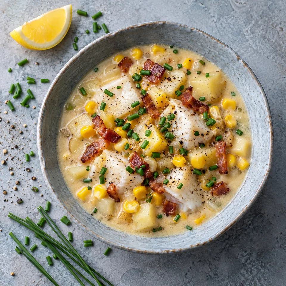 Chowder de cabillaud et maïs dans un bol, avec dés de pommes de terre, maïs, ciboulette et lardons.