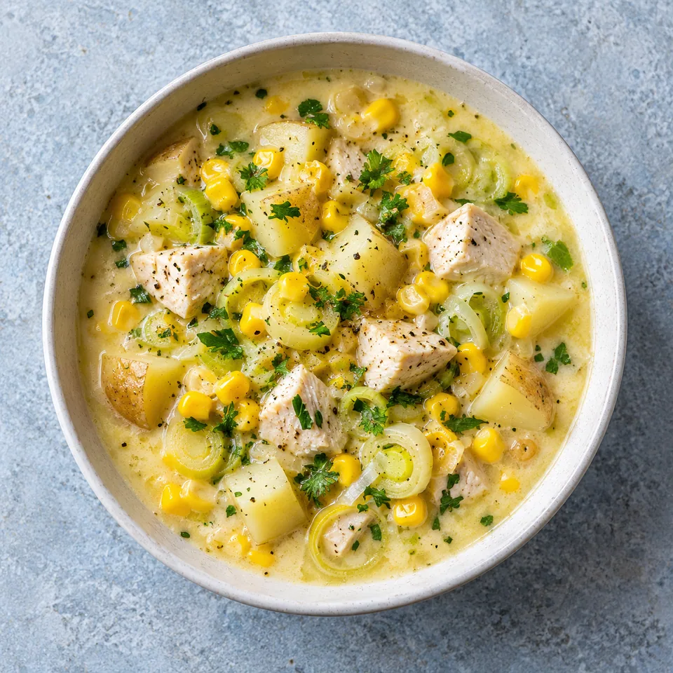 Bol de chowder de maïs au poulet et pommes de terre, garni de ciboulette fraîche.