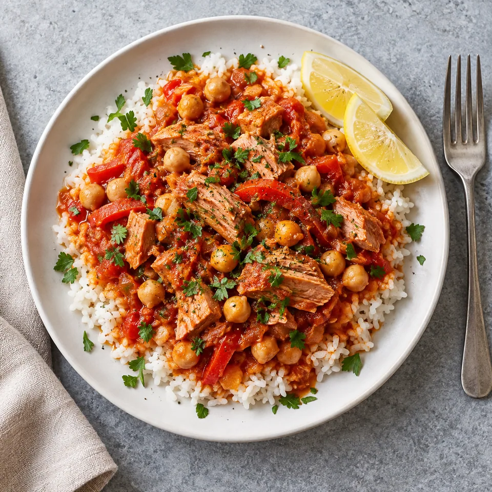 Assiette de chraime express au thon et pois chiches sur riz, sauce rouge, pois chiches, thon effiloché et persil frais.