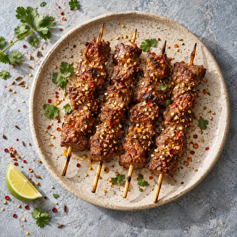 Mini-brochettes d'agneau au cumin grillé sur assiette beige, garnies de sésame.