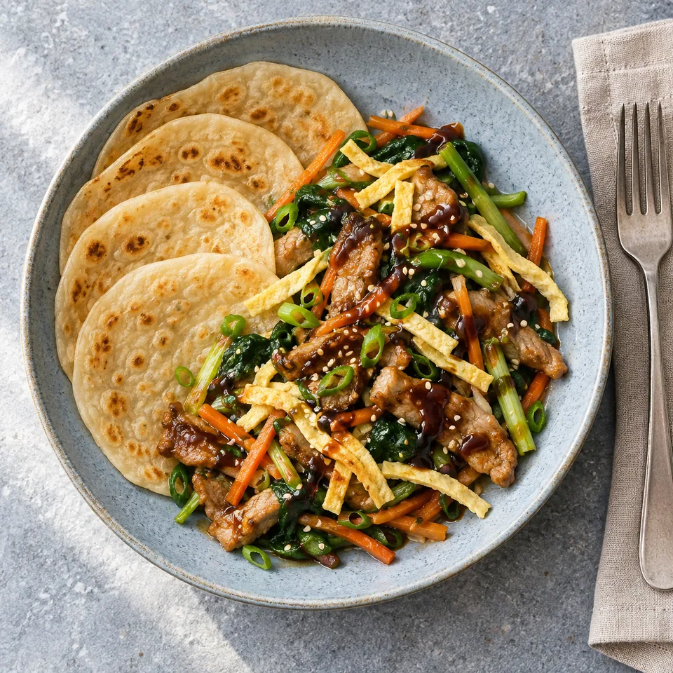 Chun bing : crêpes chinoises dorées garnies de porc sauté, légumes colorés et omelette, nappés de sauce hoisin sur une assiette bleue.