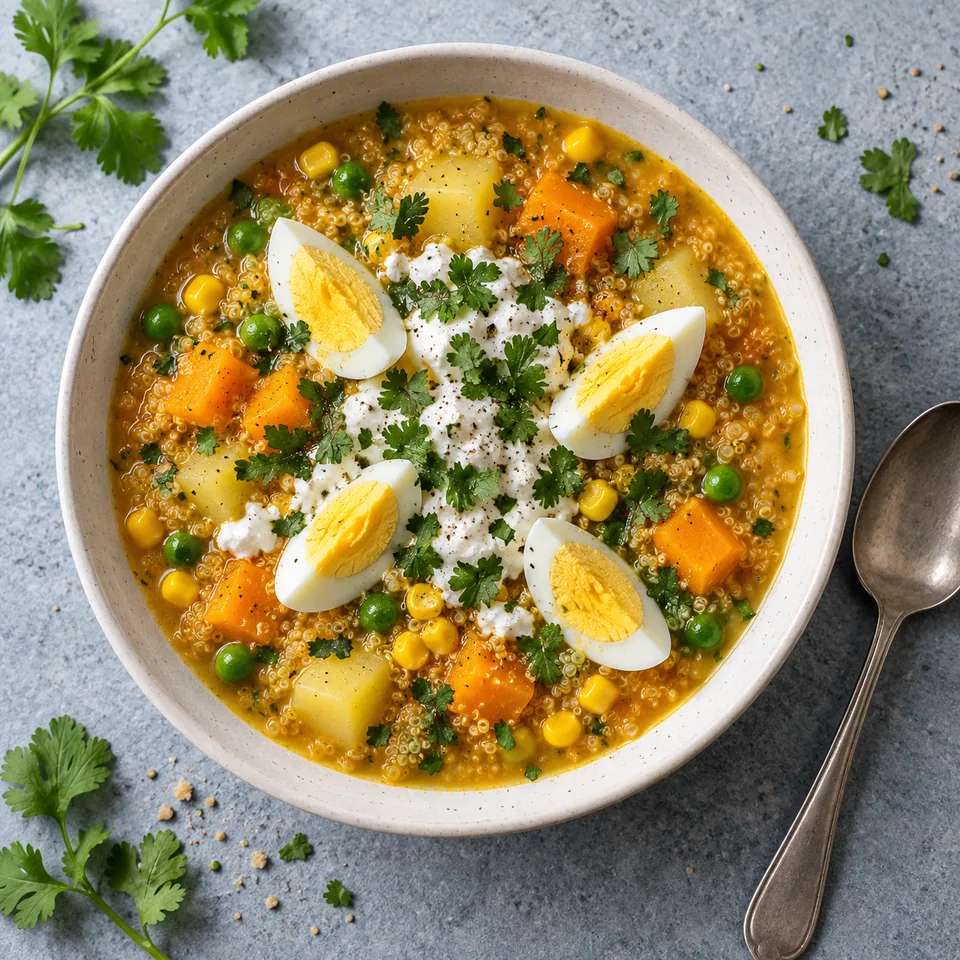 Bol de soupe Chupe de quinoa aux légumes, fromage frais et œuf dur, sur fond blanc cassé.